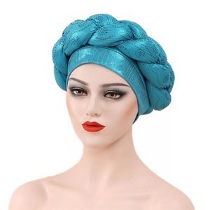 Teal Twisted Stretchy African Turban Head Wrap Crystals Beanie Cap Headwear​​​